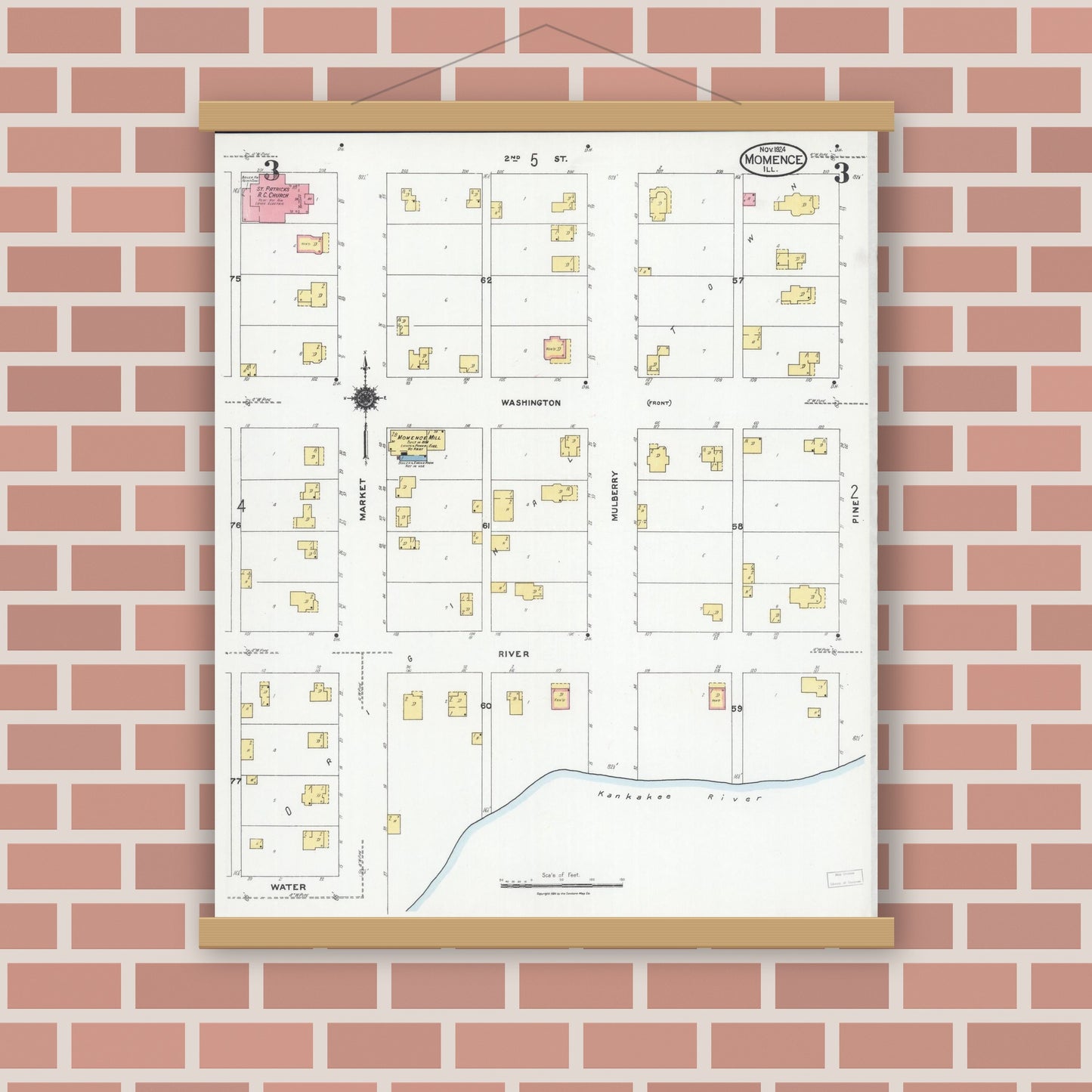 Old map wall art mockup — magnetic wood frame on brick wall — Sanborn Fire Insurance Map from Momence, Kankakee County, Illinois (1924), Sheet #0003
