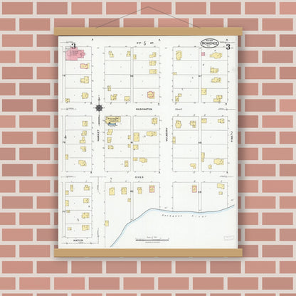 Old map wall art mockup — magnetic wood frame on brick wall — Sanborn Fire Insurance Map from Momence, Kankakee County, Illinois (1924), Sheet #0003