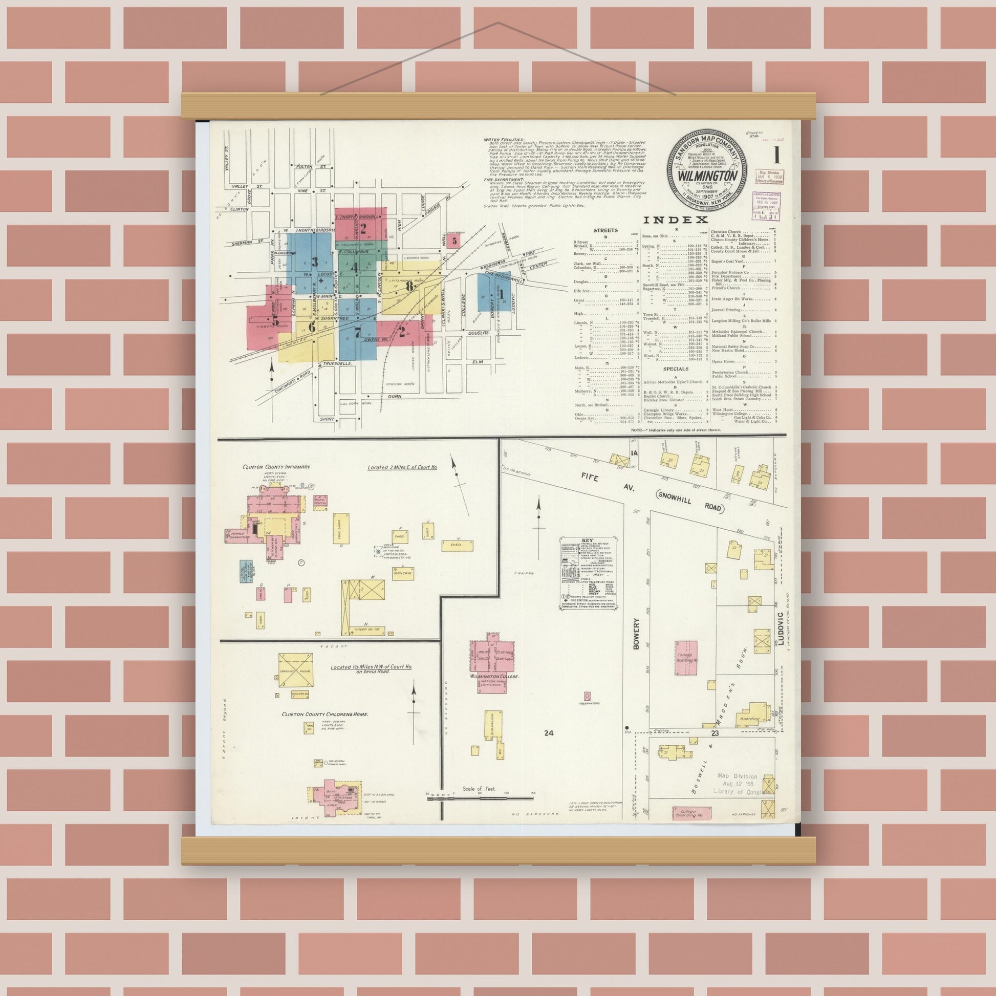 Old map wall art mockup — magnetic wood frame on brick wall — Sanborn Fire Insurance Map from Wilmington, Clinton County, Ohio (1907), Sheet #0001