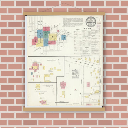 Old map wall art mockup — magnetic wood frame on brick wall — Sanborn Fire Insurance Map from Wilmington, Clinton County, Ohio (1907), Sheet #0001