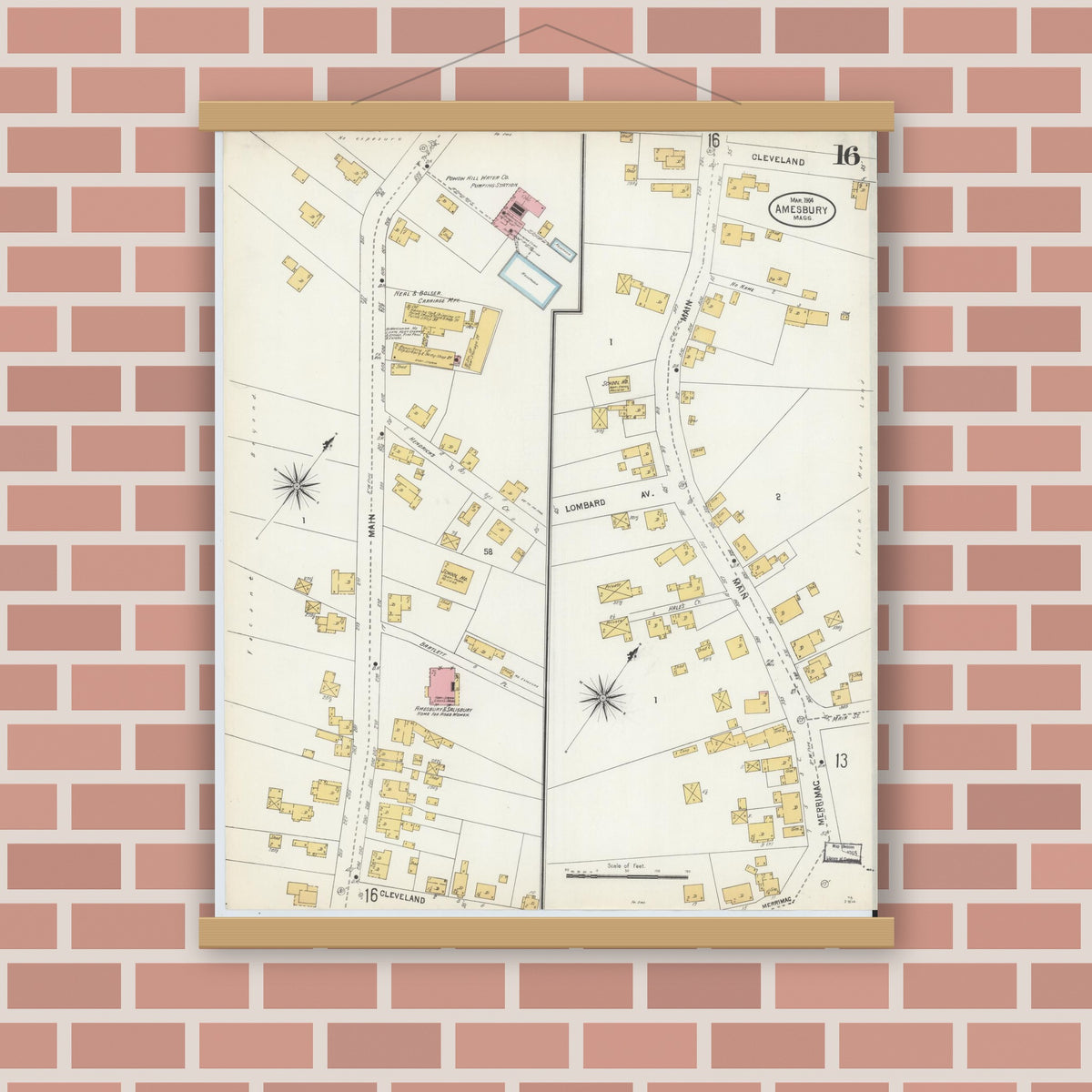 Old map wall art mockup — magnetic wood frame on brick wall — Sanborn Fire Insurance Map from Amesbury, Essex County, Massachusetts (1904), Sheet #0016