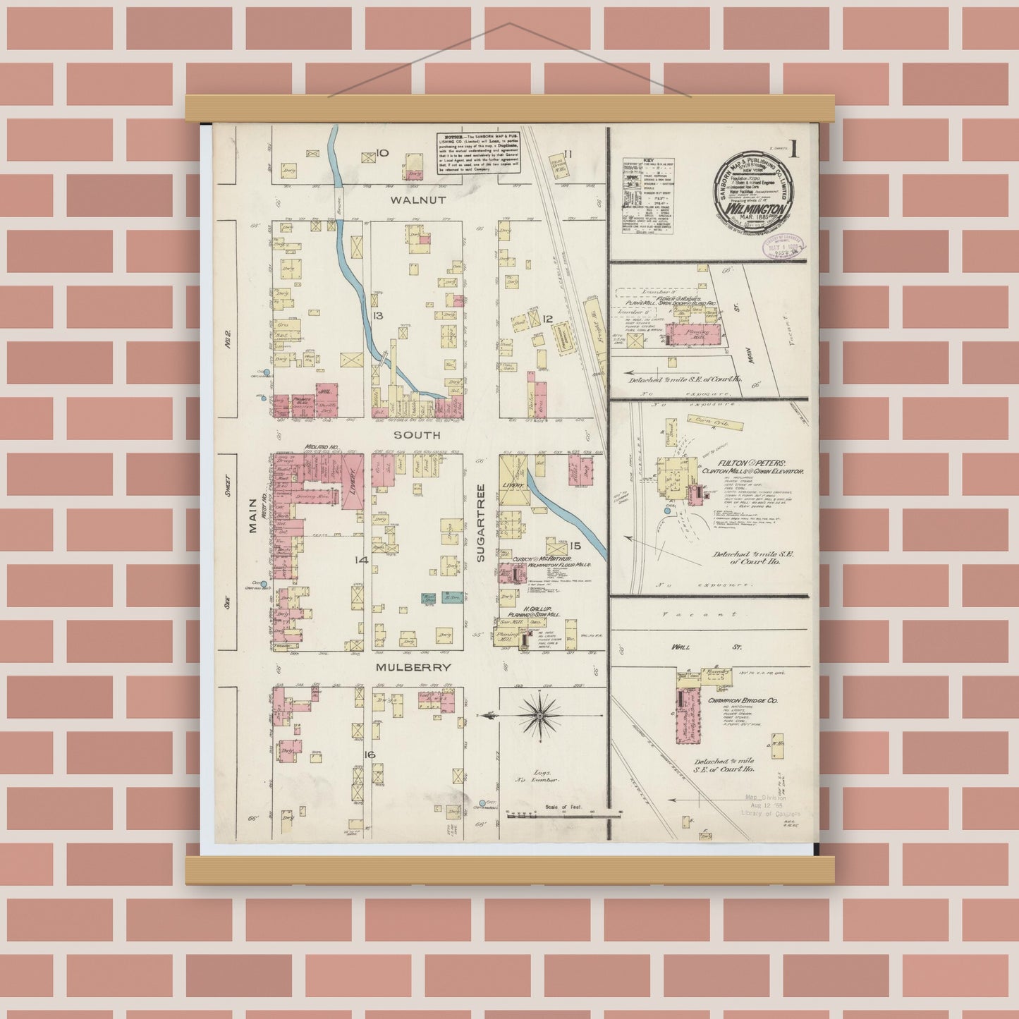 Old map wall art mockup — magnetic wood frame on brick wall — Sanborn Fire Insurance Map from Wilmington, Clinton County, Ohio (1885) - Complete Map Set
