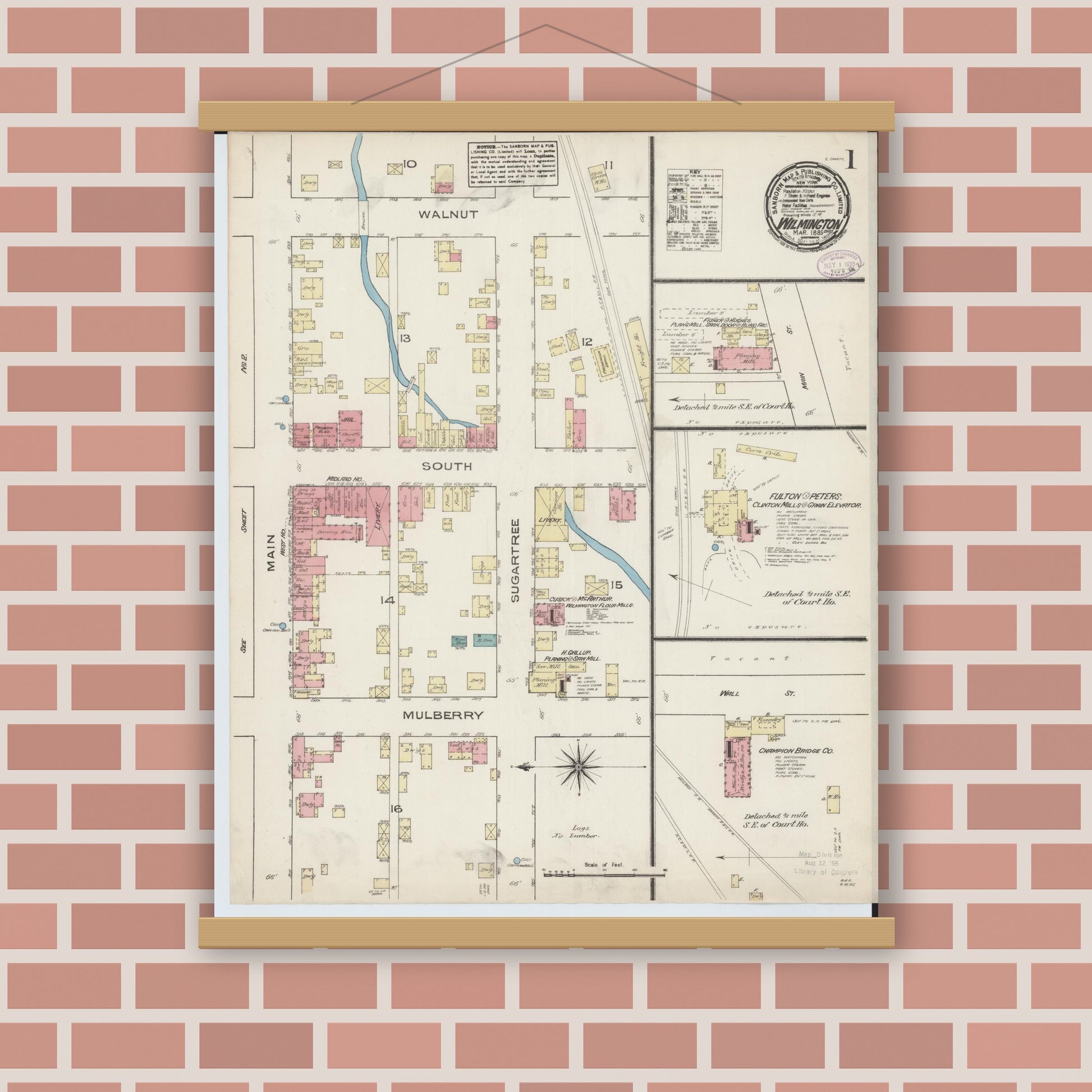 Old map wall art mockup — magnetic wood frame on brick wall — Sanborn Fire Insurance Map from Wilmington, Clinton County, Ohio (1885) - Complete Map Set