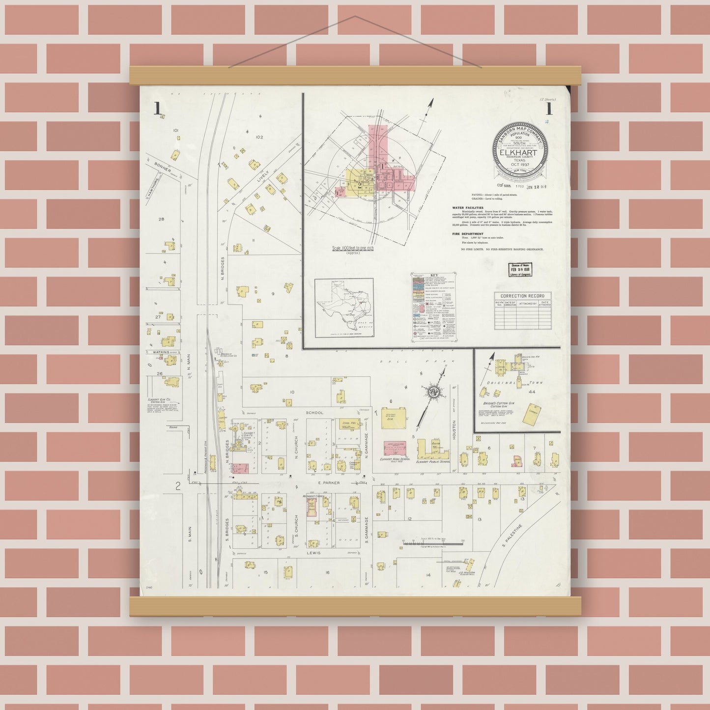 Old map wall art mockup — magnetic wood frame on brick wall — Sanborn Fire Insurance Map from Elkhart, Anderson County, Texas (1937), Sheet #0001