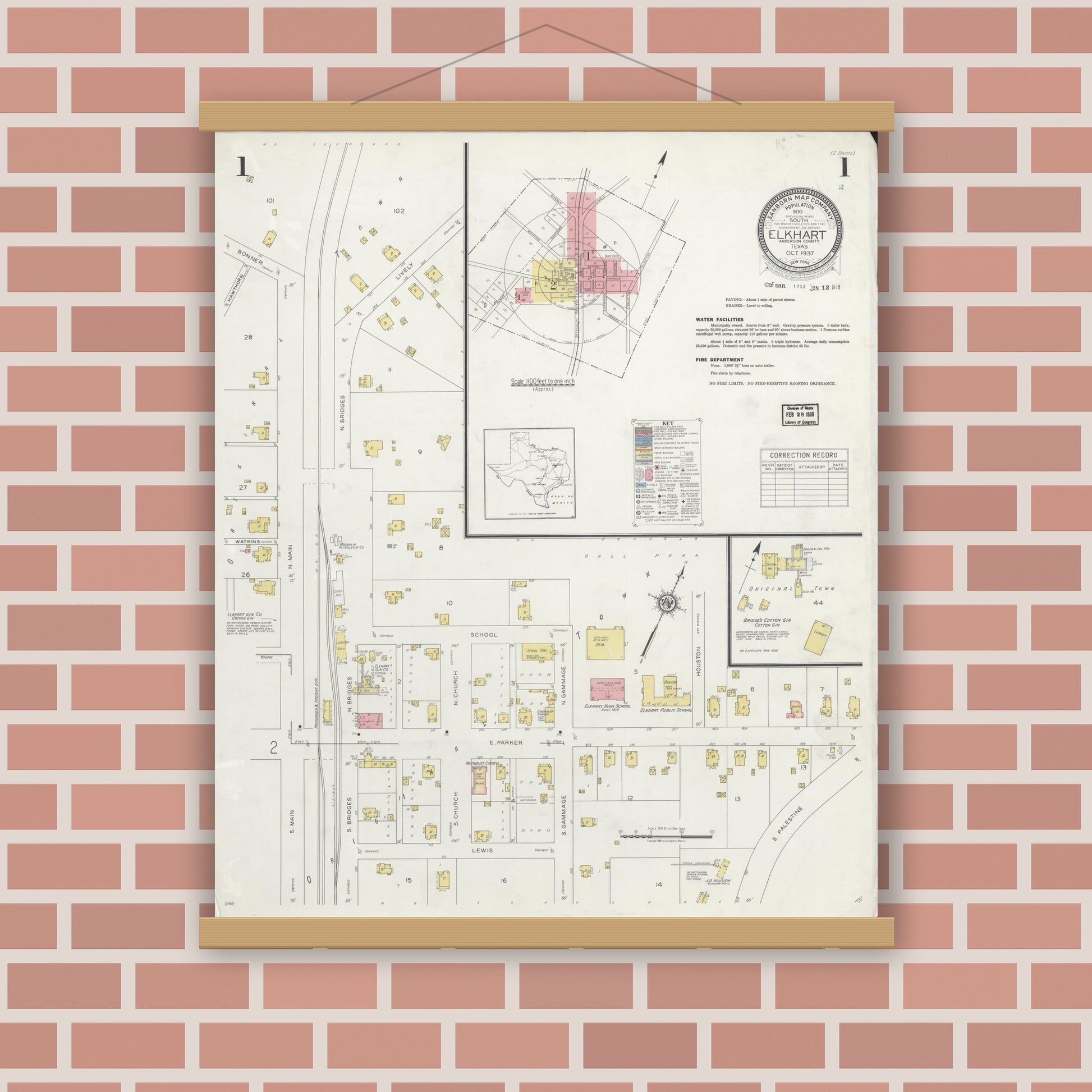 Old map wall art mockup — magnetic wood frame on brick wall — Sanborn Fire Insurance Map from Elkhart, Anderson County, Texas (1937), Sheet #0001