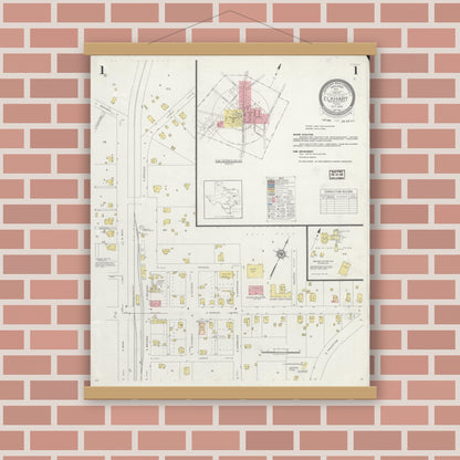 Old map wall art mockup — magnetic wood frame on brick wall — Sanborn Fire Insurance Map from Elkhart, Anderson County, Texas (1937), Sheet #0001