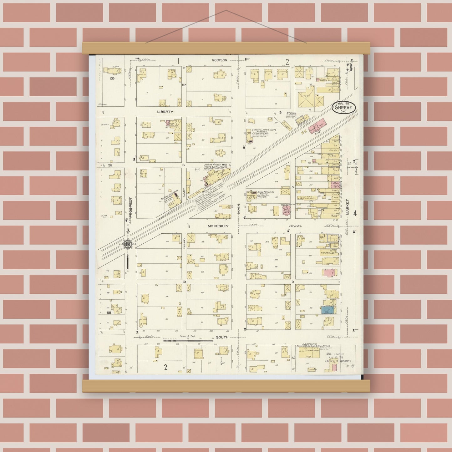 Old map wall art mockup — magnetic wood frame on brick wall — Sanborn Fire Insurance Map from Shreve, Wayne County, Ohio (1913), Sheet #0003