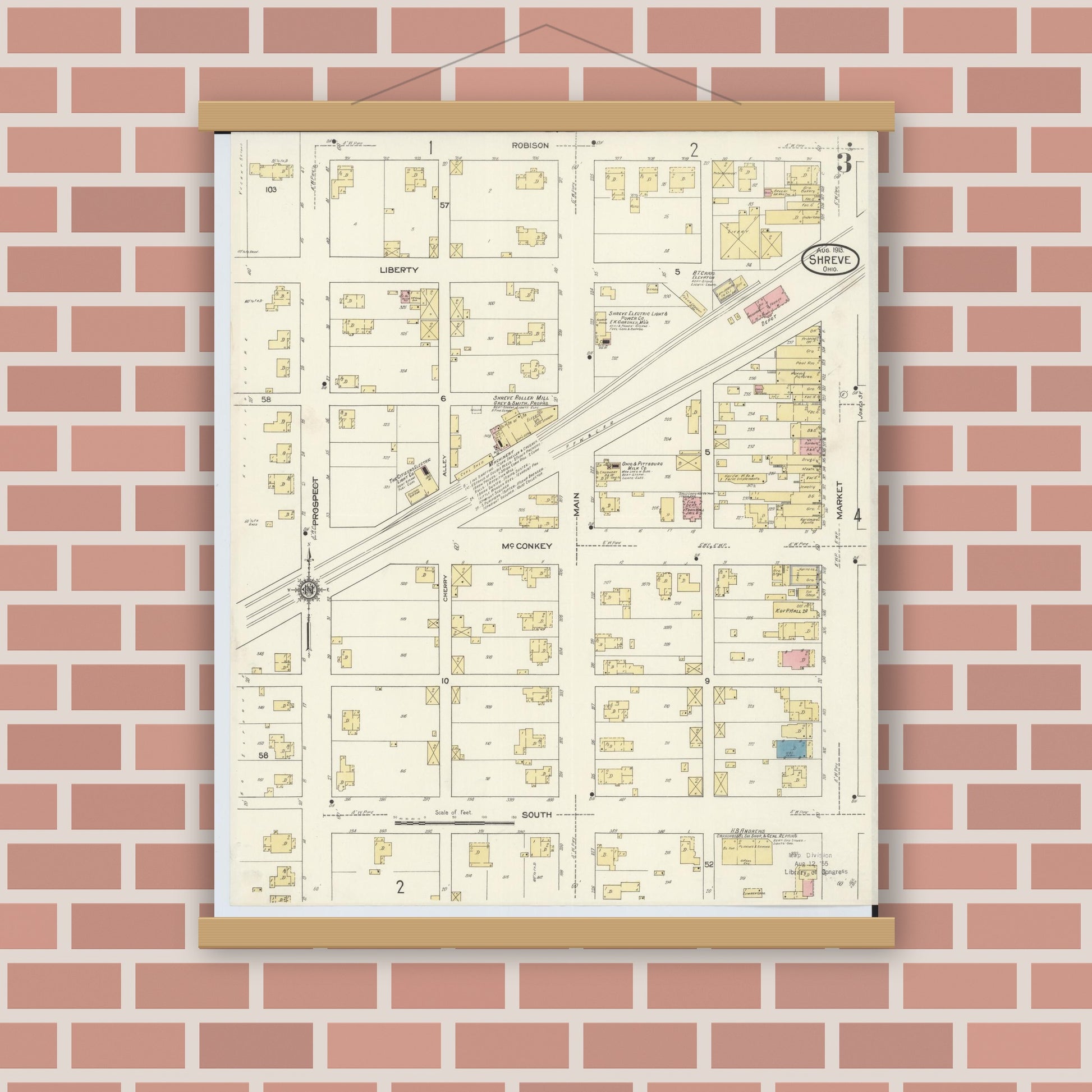 Old map wall art mockup — magnetic wood frame on brick wall — Sanborn Fire Insurance Map from Shreve, Wayne County, Ohio (1913), Sheet #0003