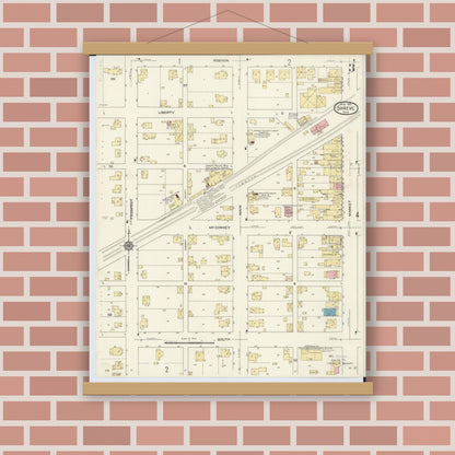 Old map wall art mockup — magnetic wood frame on brick wall — Sanborn Fire Insurance Map from Shreve, Wayne County, Ohio (1913), Sheet #0003