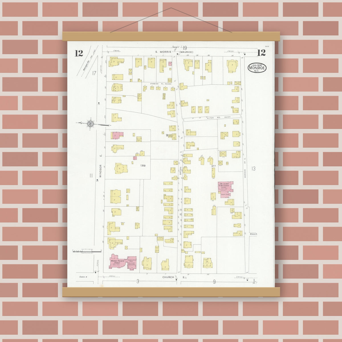 Old map wall art mockup — magnetic wood frame on brick wall — Sanborn Fire Insurance Map from Monroe, Union County, North Carolina (1930), Sheet #0012