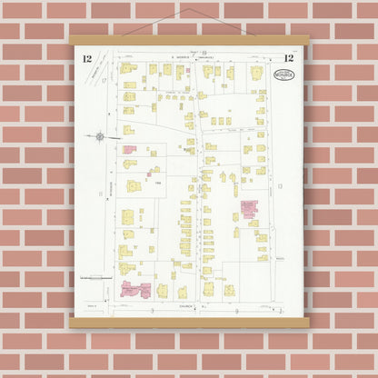Old map wall art mockup — magnetic wood frame on brick wall — Sanborn Fire Insurance Map from Monroe, Union County, North Carolina (1930), Sheet #0012