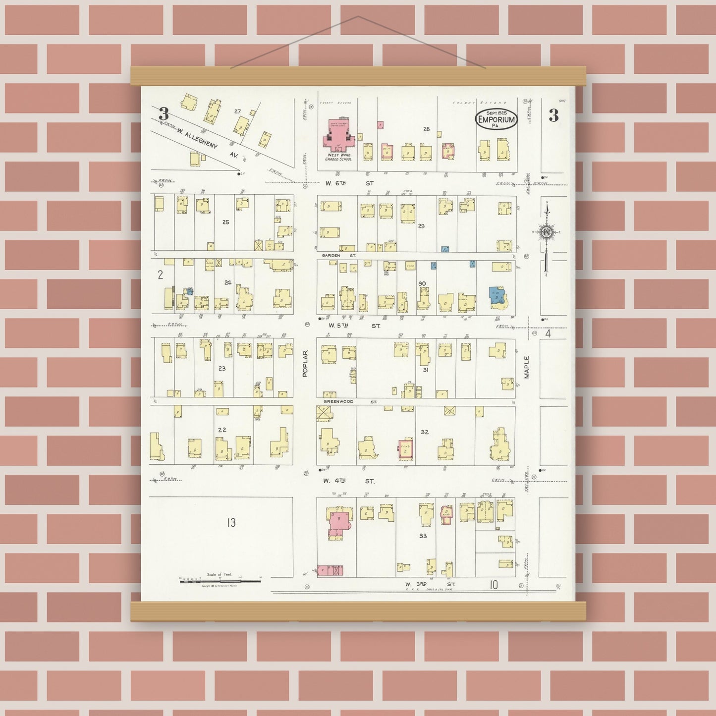 Old map wall art mockup — magnetic wood frame on brick wall — Sanborn Fire Insurance Map from Emporium, Cameron County, Pennsylvania (1925), Sheet #0003