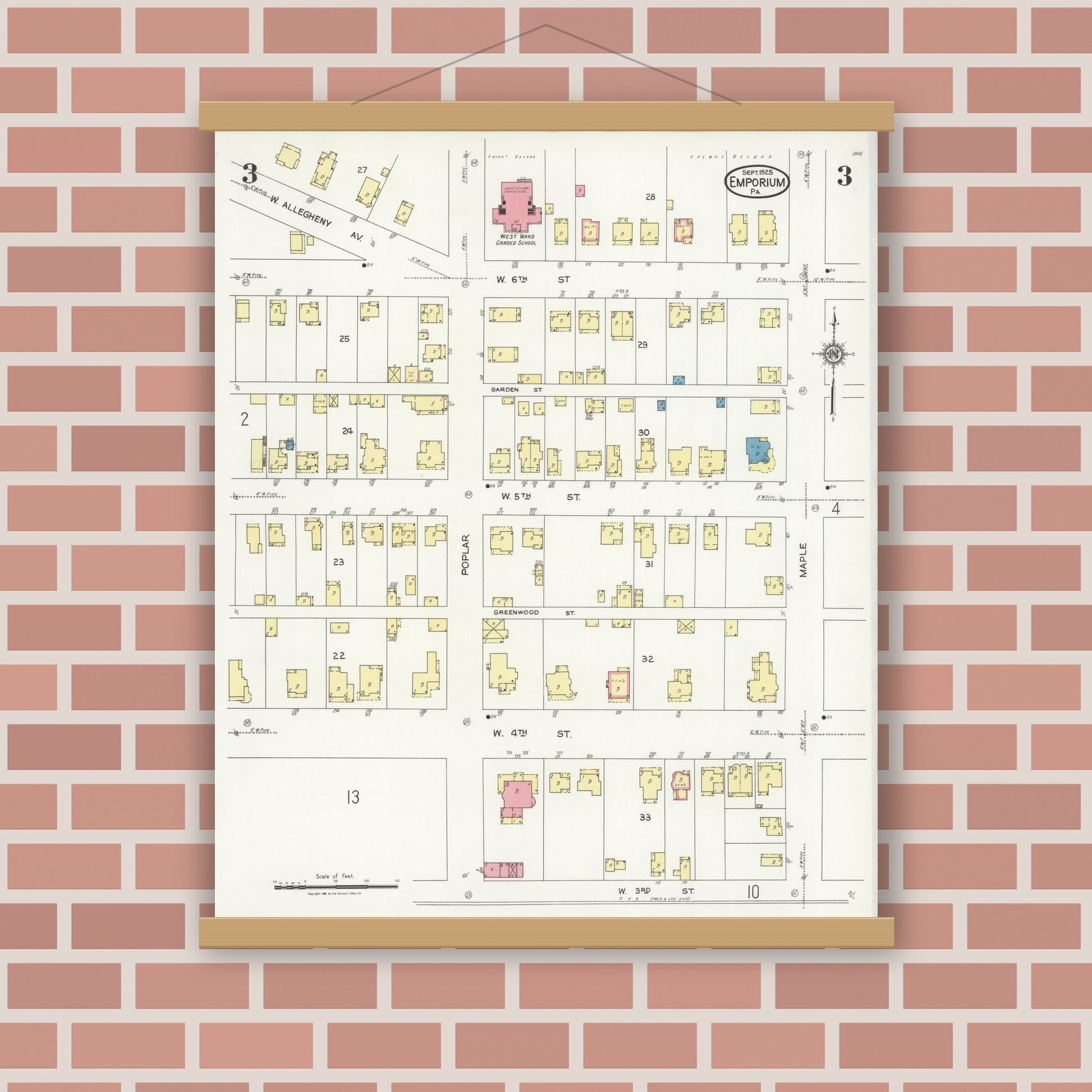 Old map wall art mockup — magnetic wood frame on brick wall — Sanborn Fire Insurance Map from Emporium, Cameron County, Pennsylvania (1925), Sheet #0003