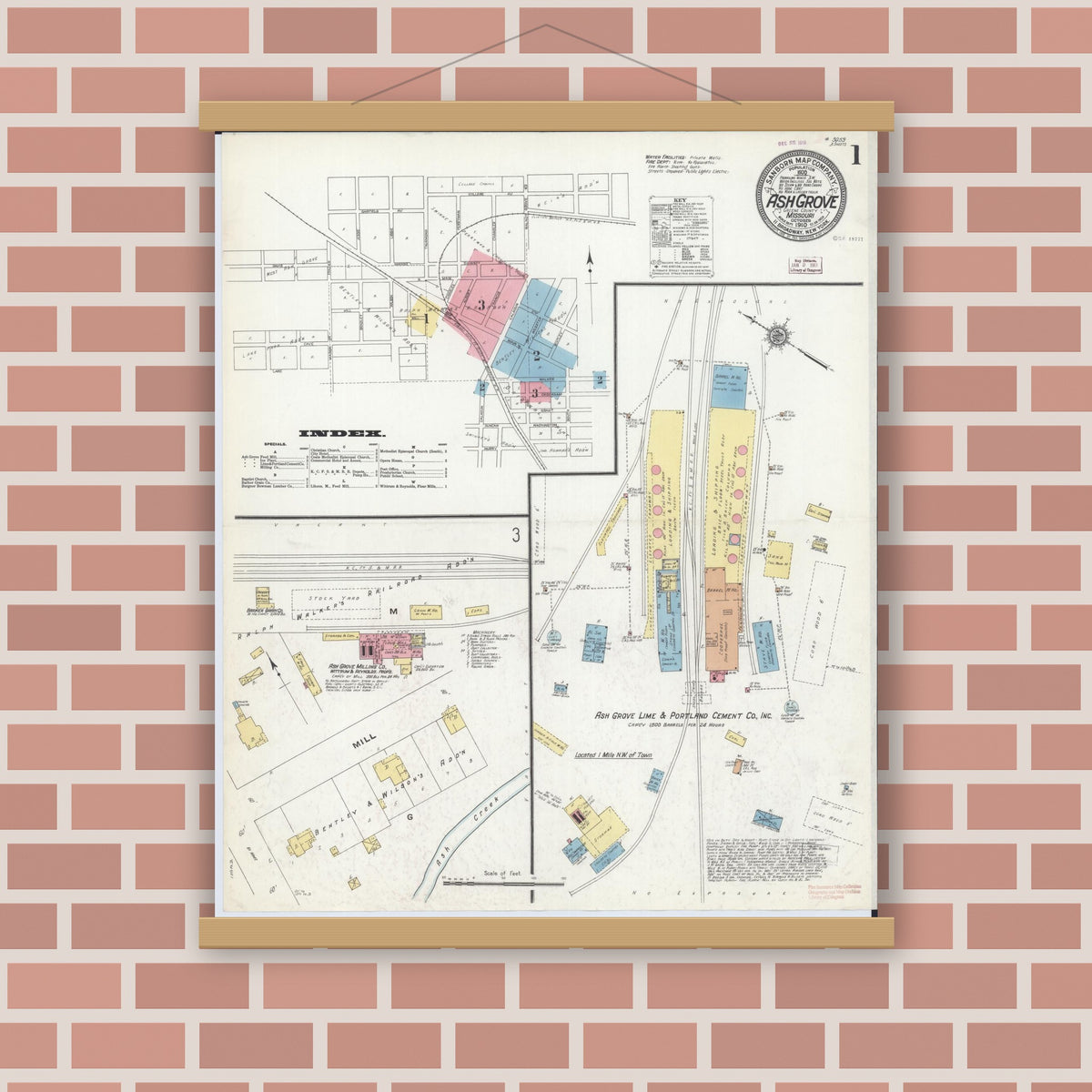 Old map wall art mockup — magnetic wood frame on brick wall — Sanborn Fire Insurance Map from Ash Grove, Greene County, Missouri (1910) - Complete Map Set