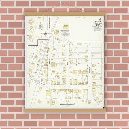 Old map wall art mockup — magnetic wood frame on brick wall — Sanborn Fire Insurance Map from Woodsfield, Monroe County, Ohio (1911), Sheet #0006