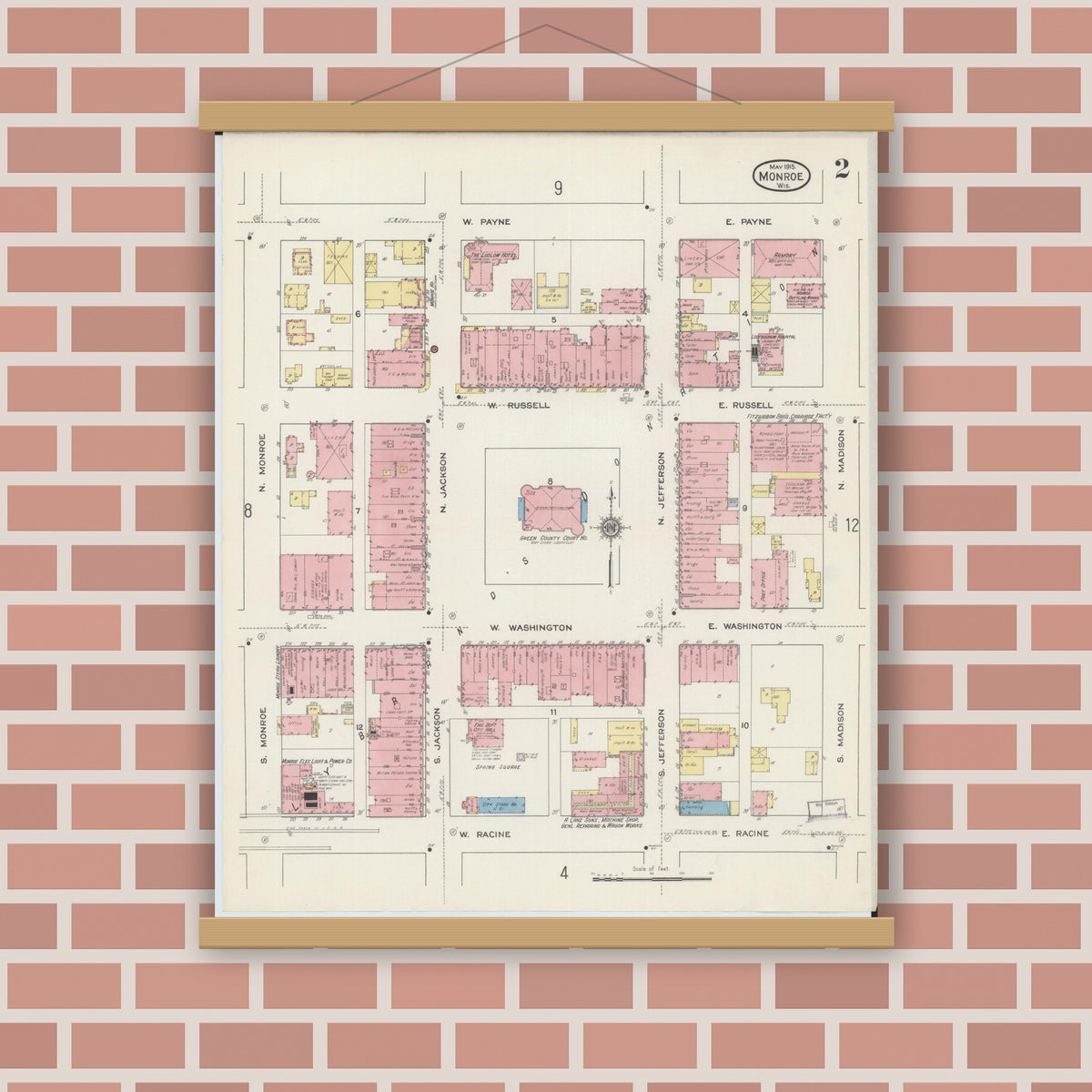 Old map wall art mockup — magnetic wood frame on brick wall — Sanborn Fire Insurance Map from Monroe, Green County, Wisconsin (1915), Sheet #0002