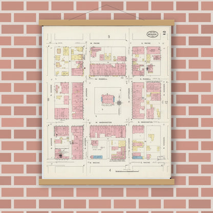 Old map wall art mockup — magnetic wood frame on brick wall — Sanborn Fire Insurance Map from Monroe, Green County, Wisconsin (1915), Sheet #0002