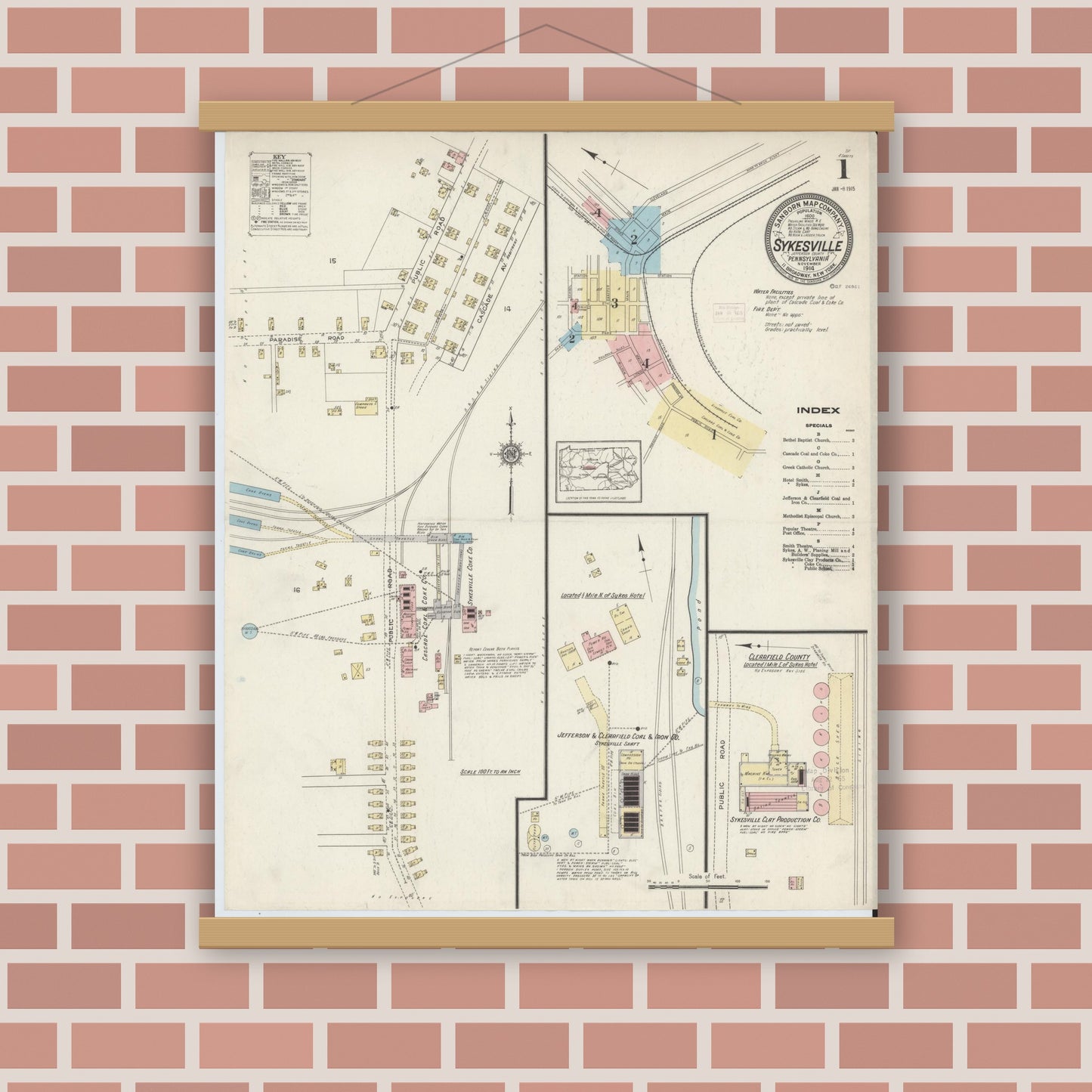 Old map wall art mockup — magnetic wood frame on brick wall — Sanborn Fire Insurance Map from Sykesville, Jefferson County, Pennsylvania (1914) - Complete Map Set