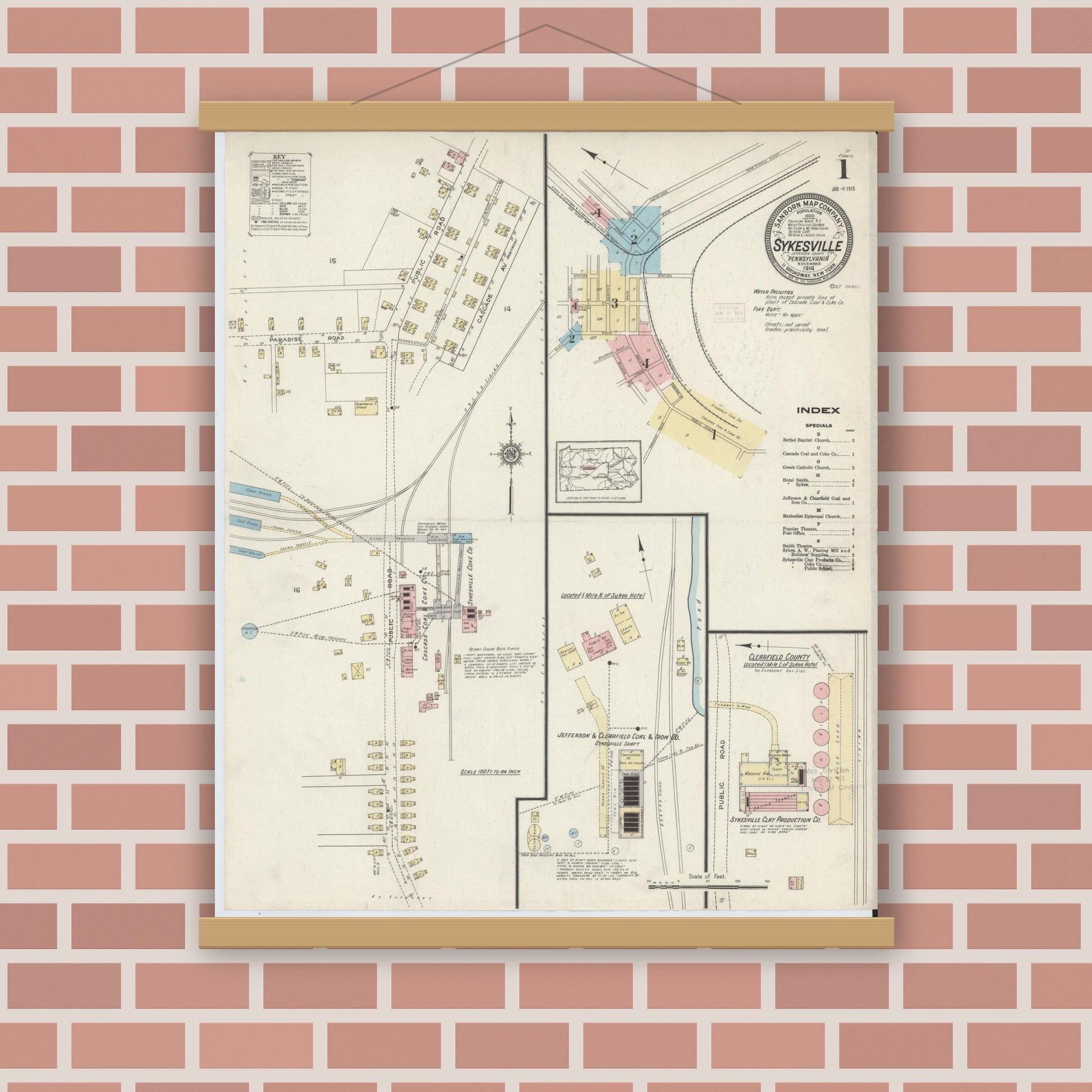 Old map wall art mockup — magnetic wood frame on brick wall — Sanborn Fire Insurance Map from Sykesville, Jefferson County, Pennsylvania (1914) - Complete Map Set