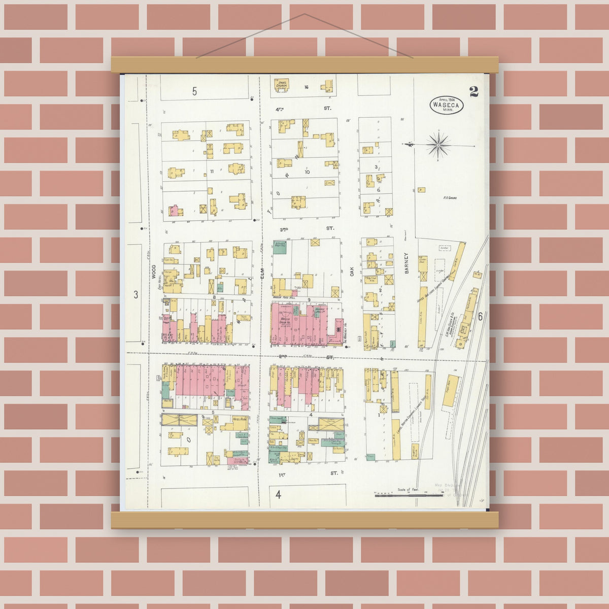Old map wall art mockup — magnetic wood frame on brick wall — Sanborn Fire Insurance Map from Waseca, Waseca County, Minnesota (1904), Sheet #0002
