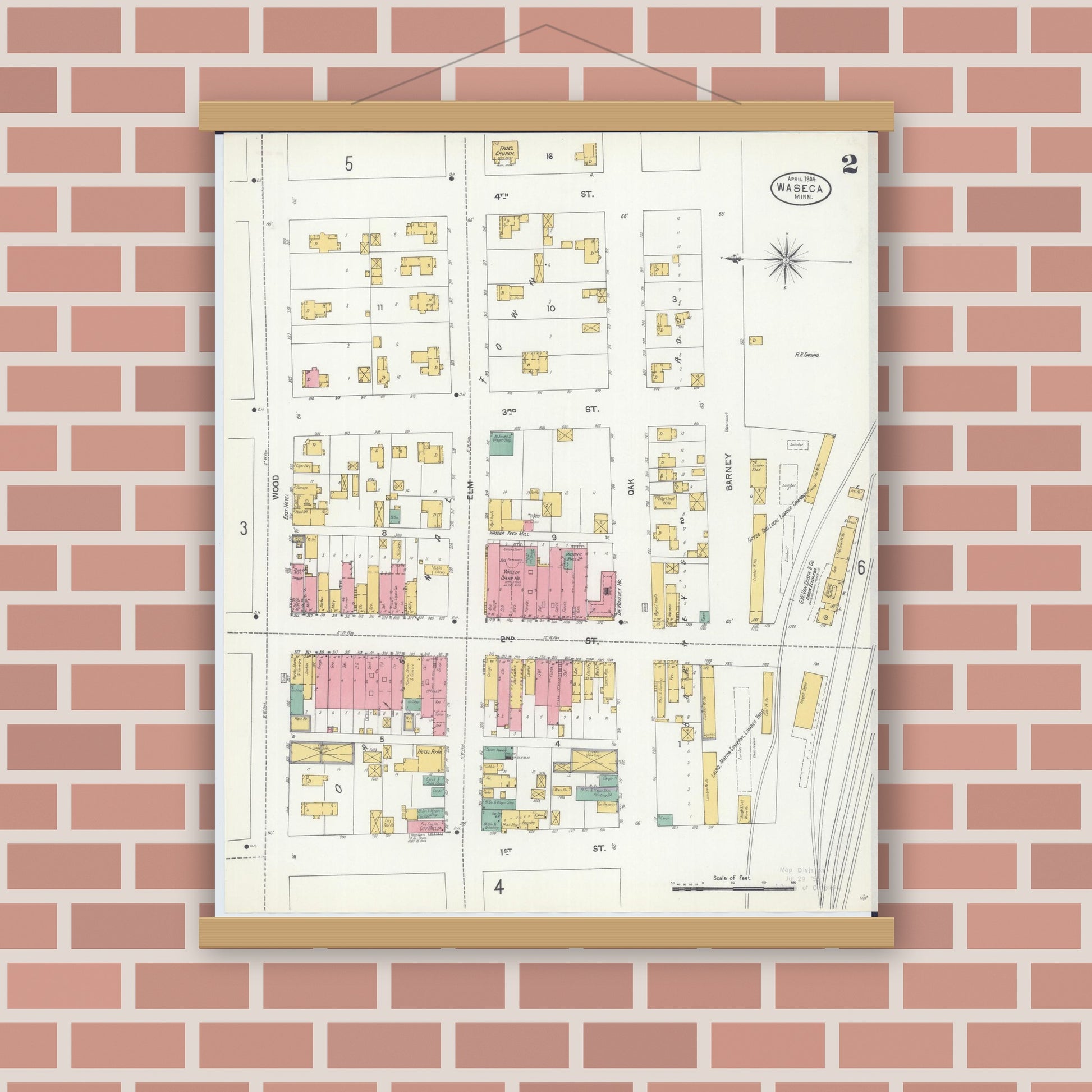 Old map wall art mockup — magnetic wood frame on brick wall — Sanborn Fire Insurance Map from Waseca, Waseca County, Minnesota (1904), Sheet #0002
