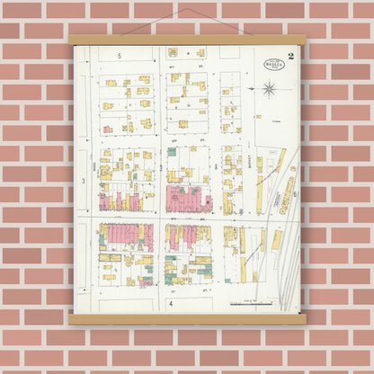 Old map wall art mockup — magnetic wood frame on brick wall — Sanborn Fire Insurance Map from Waseca, Waseca County, Minnesota (1904), Sheet #0002