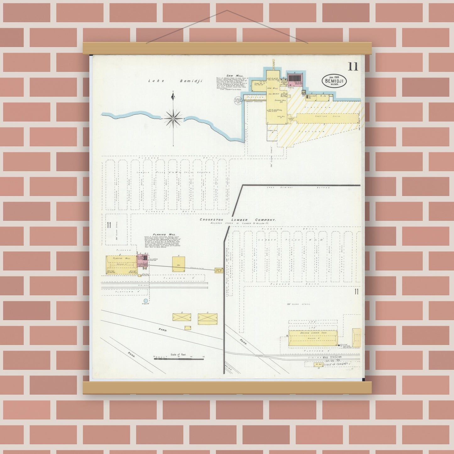Old map wall art mockup — magnetic wood frame on brick wall — Sanborn Fire Insurance Map from Bemidji, Beltrami County, Minnesota (1909), Sheet #0011