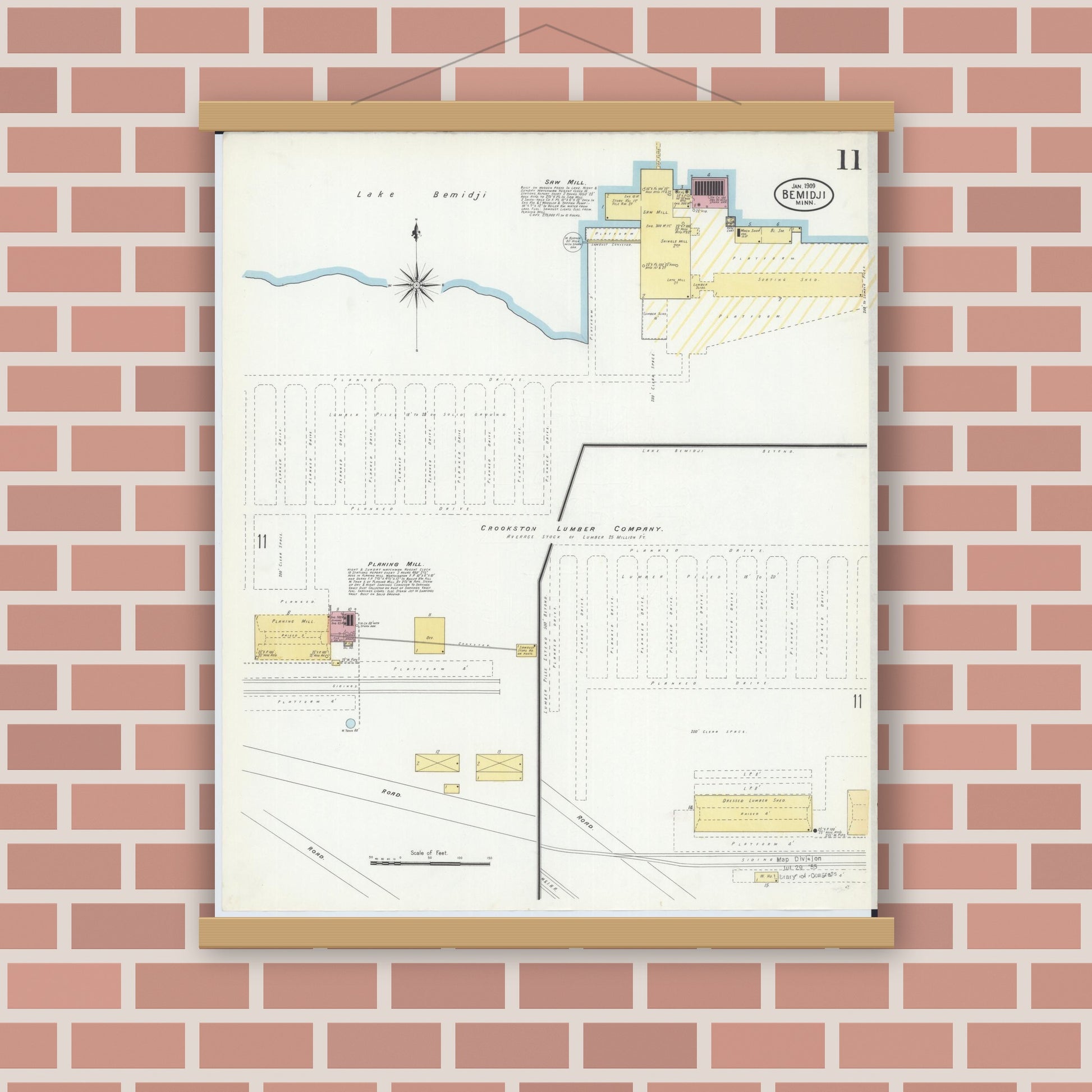 Old map wall art mockup — magnetic wood frame on brick wall — Sanborn Fire Insurance Map from Bemidji, Beltrami County, Minnesota (1909), Sheet #0011