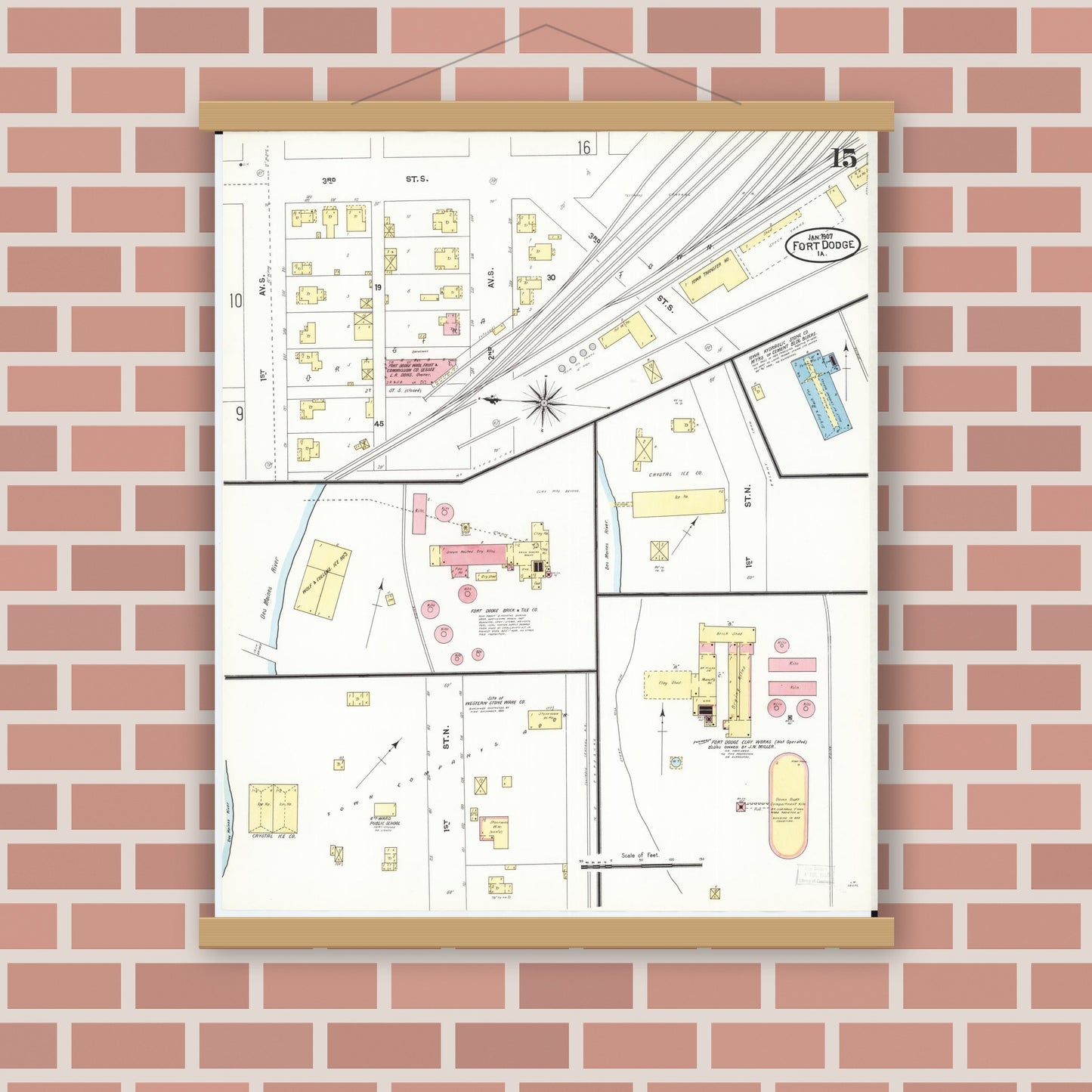 Old map wall art mockup — magnetic wood frame on brick wall — Sanborn Fire Insurance Map from Fort Dodge, Webster County, Iowa (1907), Sheet #0015