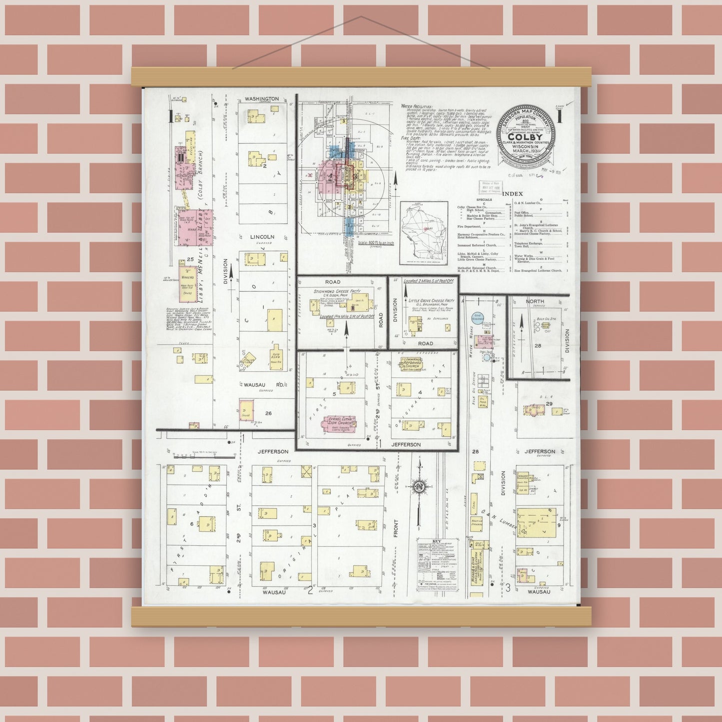 Old map wall art mockup — magnetic wood frame on brick wall — Sanborn Fire Insurance Map from Colby, Clark and Marathon Counties, Wisconsin (1931) - Complete Map Set