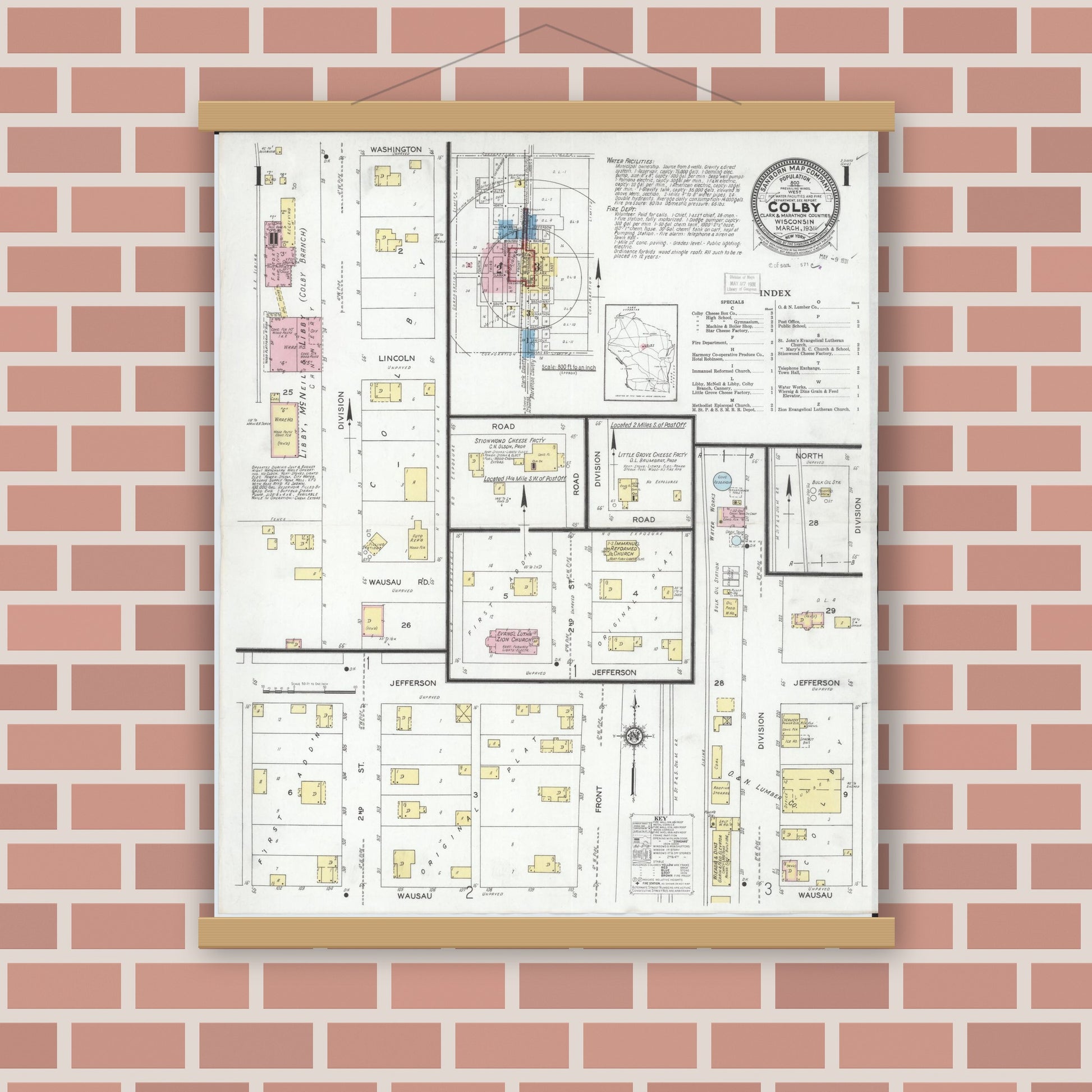 Old map wall art mockup — magnetic wood frame on brick wall — Sanborn Fire Insurance Map from Colby, Clark and Marathon Counties, Wisconsin (1931) - Complete Map Set