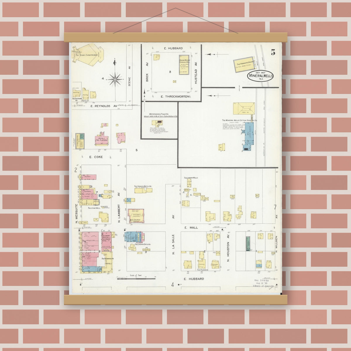 Old map wall art mockup — magnetic wood frame on brick wall — Sanborn Fire Insurance Map from Mineral Wells, Palo Pinto County, Texas (1907), Sheet #0005