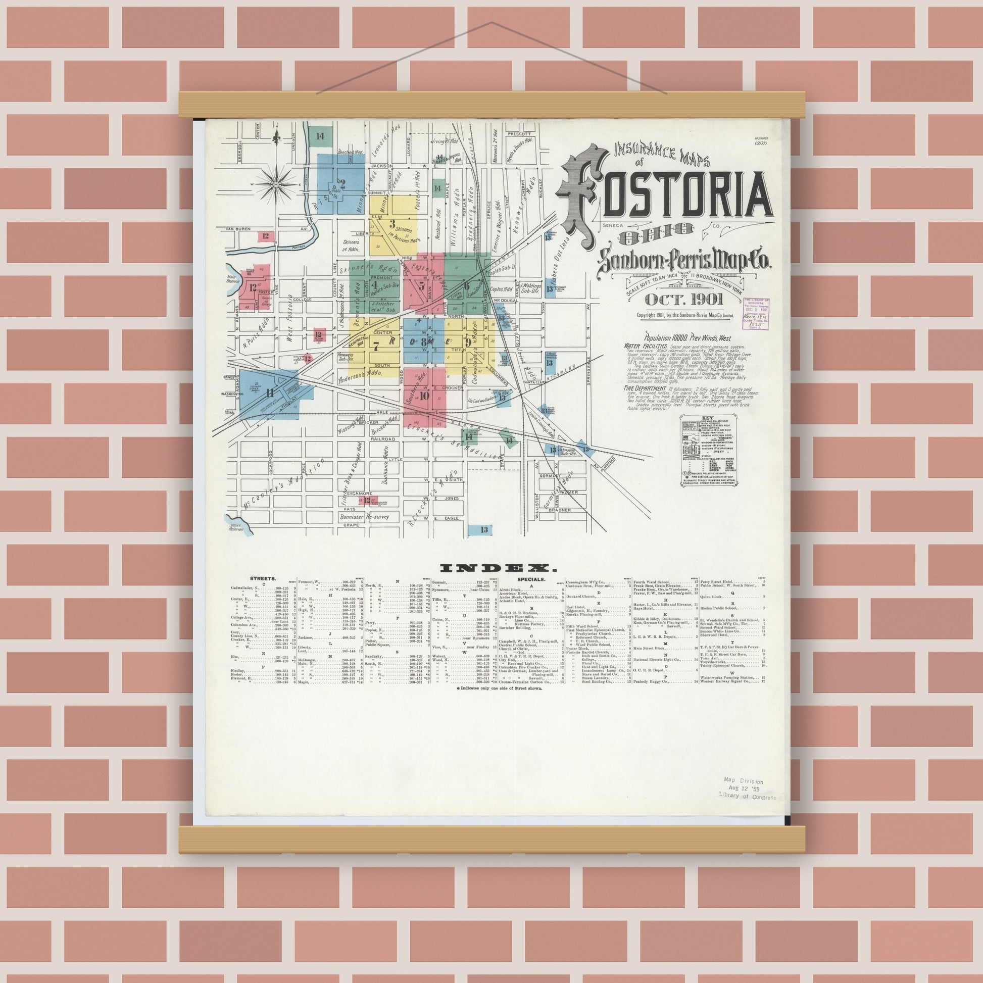 Old map wall art mockup — magnetic wood frame on brick wall — Sanborn Fire Insurance Map from Fostoria, Seneca, Hancock, And Wood Counties, Ohio (1901), Sheet #0001