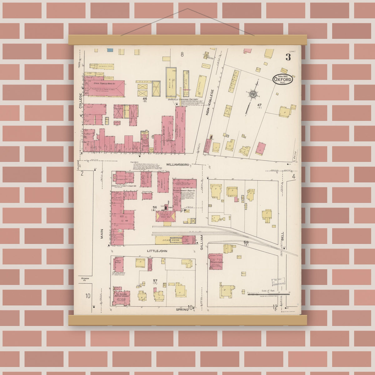Old map wall art mockup — magnetic wood frame on brick wall — Sanborn Fire Insurance Map from Oxford, Granville County, North Carolina (1922), Sheet #0003