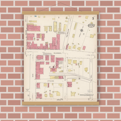 Old map wall art mockup — magnetic wood frame on brick wall — Sanborn Fire Insurance Map from Oxford, Granville County, North Carolina (1922), Sheet #0003