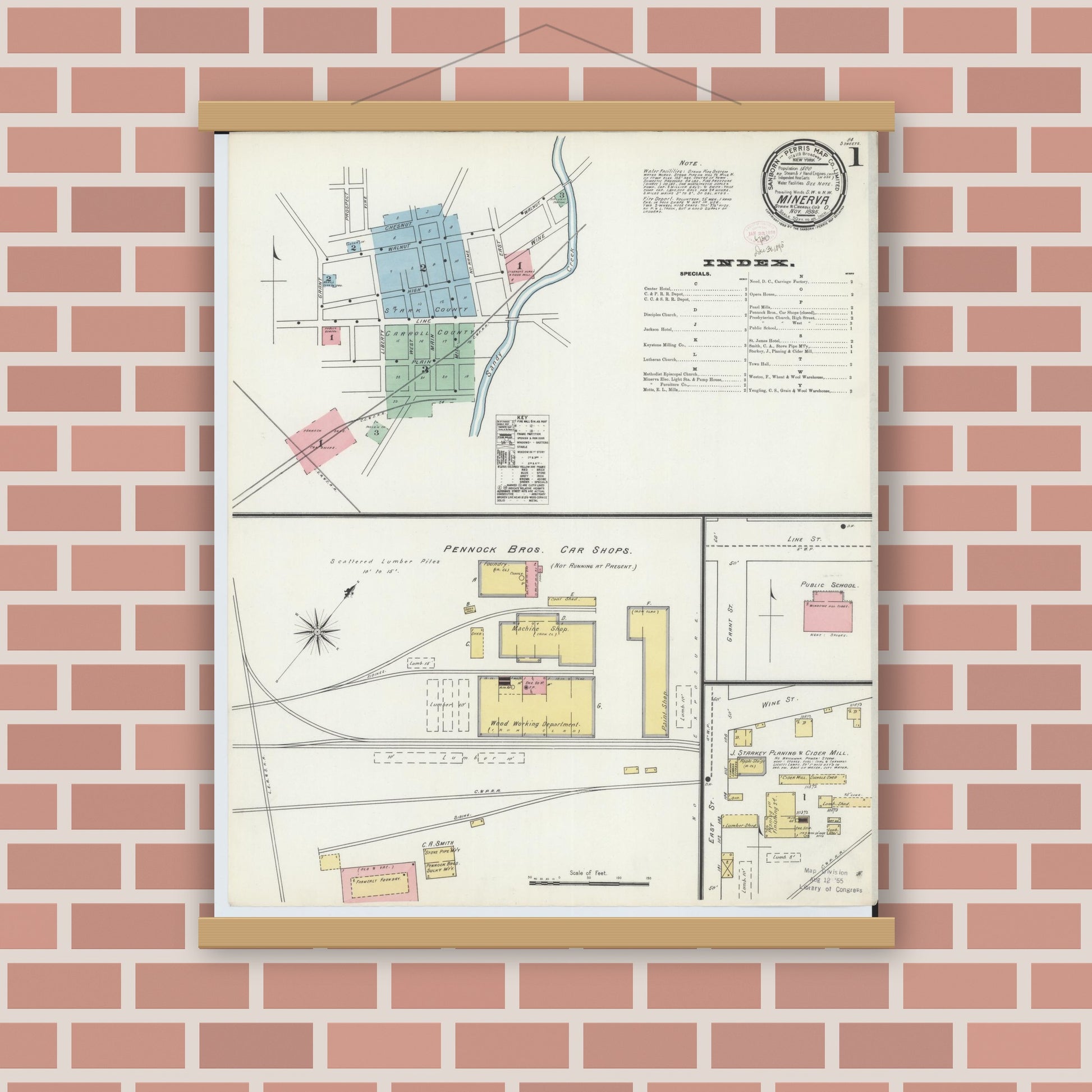 Old map wall art mockup — magnetic wood frame on brick wall — Sanborn Fire Insurance Map from Minerva, Stark And Carroll Counties, Ohio (1895) - Complete Map Set