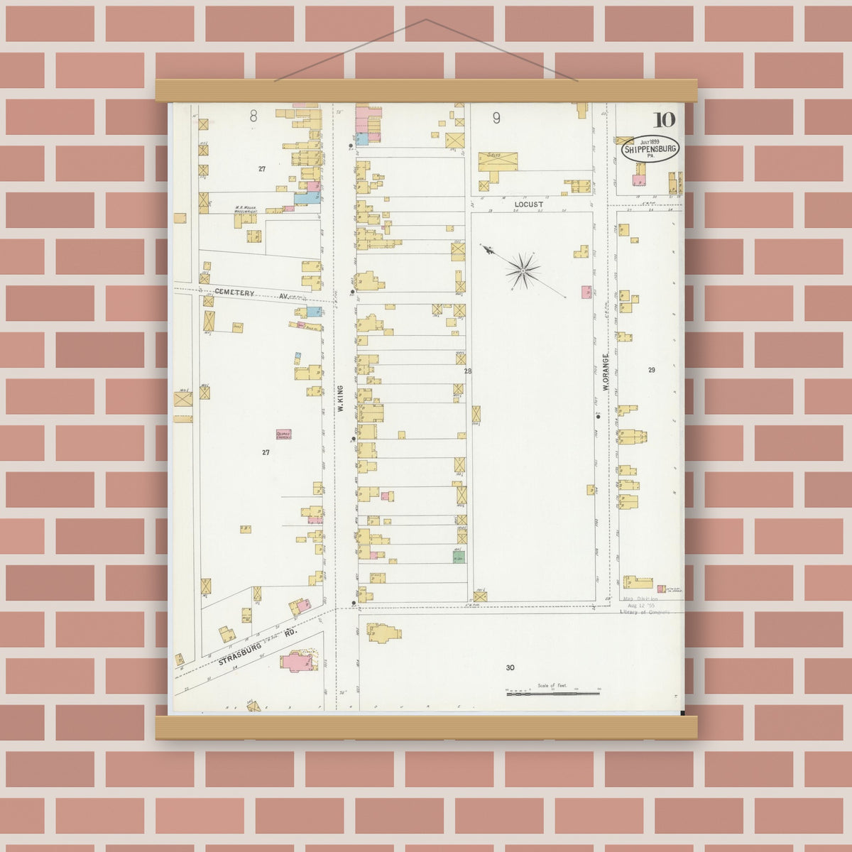 Old map wall art mockup — magnetic wood frame on brick wall — Sanborn Fire Insurance Map from Shippensburg, Cumberland And Franklin Counties, Pennsylvania (1899), Sheet #0010