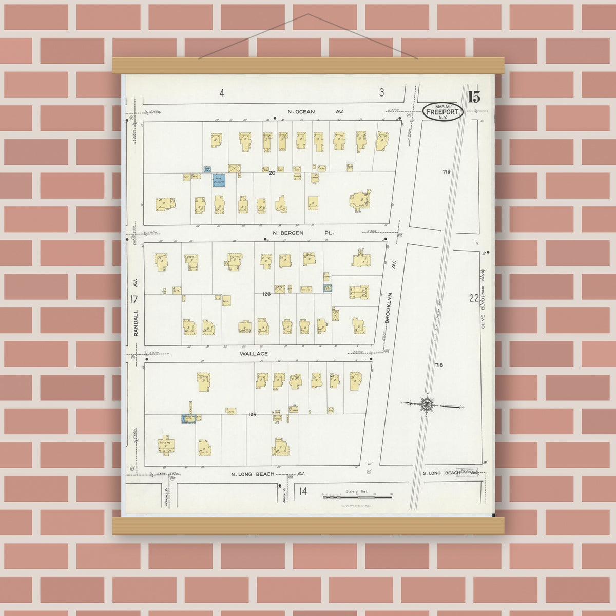 Old map wall art mockup — magnetic wood frame on brick wall — Sanborn Fire Insurance Map from Freeport, Nassau County, New York (1917), Sheet #0015