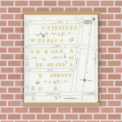 Old map wall art mockup — magnetic wood frame on brick wall — Sanborn Fire Insurance Map from Freeport, Nassau County, New York (1917), Sheet #0015