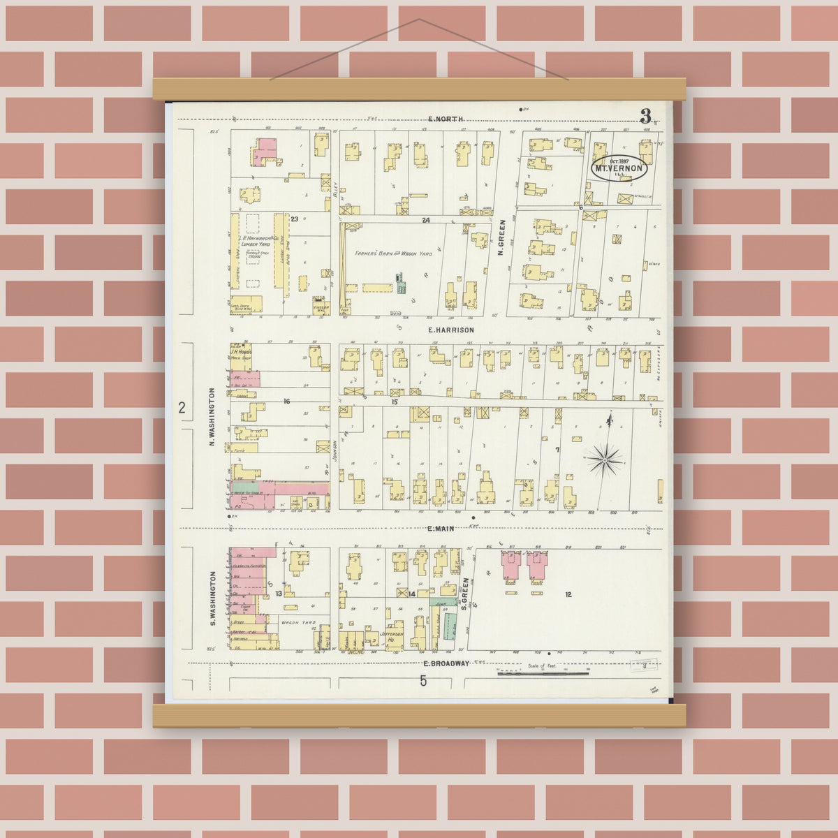 Old map wall art mockup — magnetic wood frame on brick wall — Sanborn Fire Insurance Map from Mount Vernon, Jefferson County, Illinois (1897), Sheet #0003