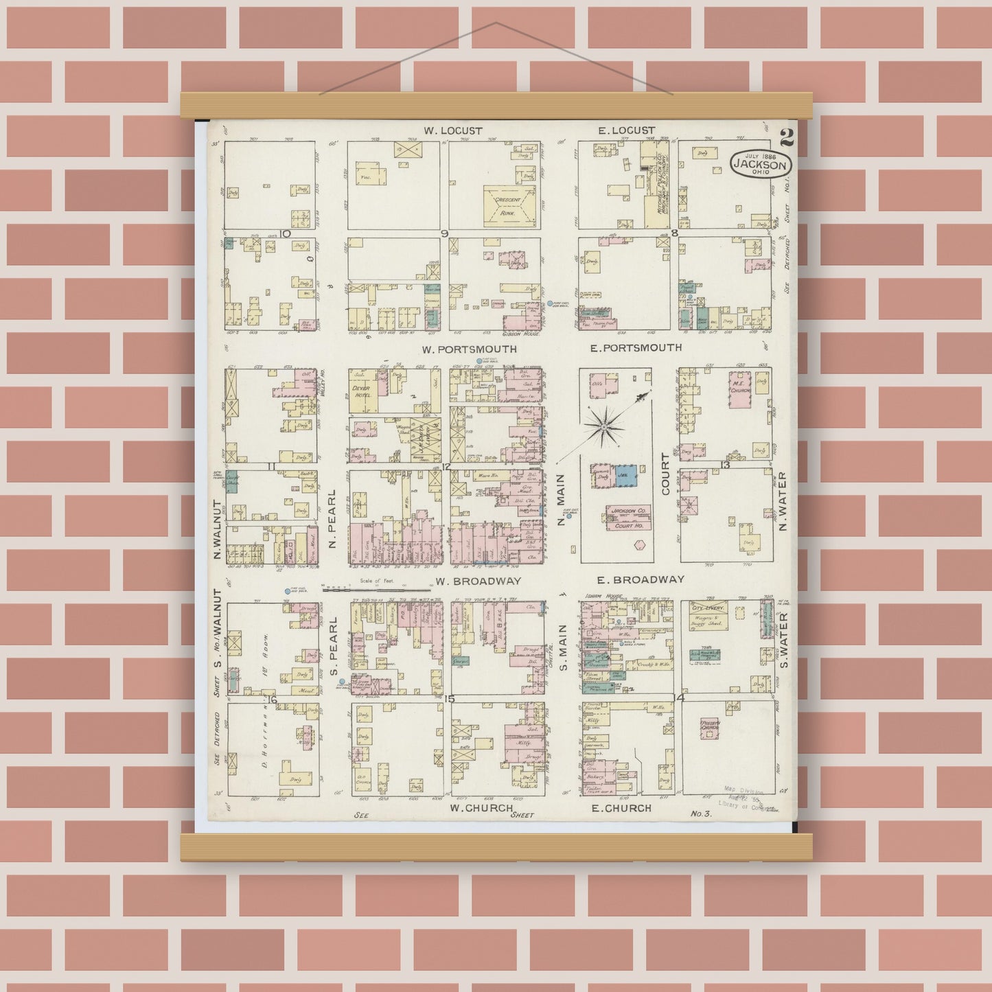 Old map wall art mockup — magnetic wood frame on brick wall — Sanborn Fire Insurance Map from Jackson, Jackson County, Ohio (1886), Sheet #0002