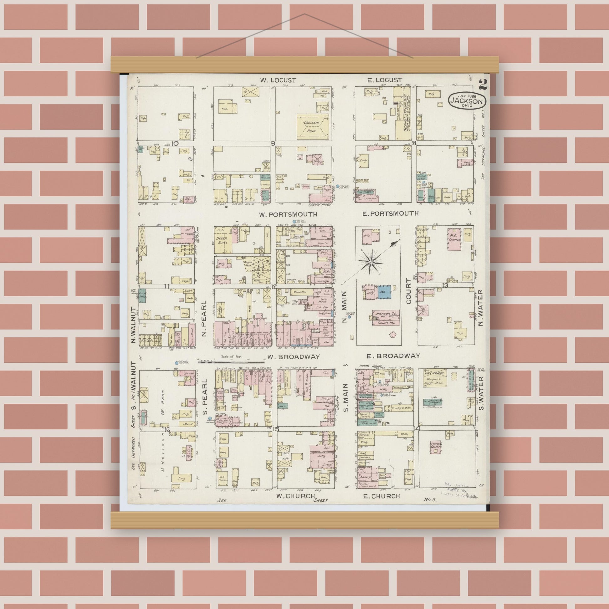 Old map wall art mockup — magnetic wood frame on brick wall — Sanborn Fire Insurance Map from Jackson, Jackson County, Ohio (1886), Sheet #0002