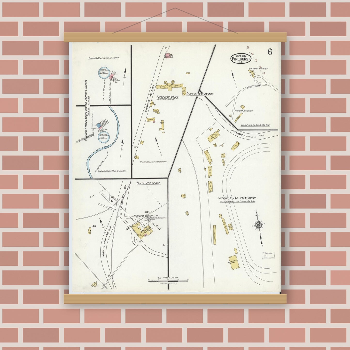 Old map wall art mockup — magnetic wood frame on brick wall — Sanborn Fire Insurance Map from Pinehurst, Moore County, North Carolina (1920), Sheet #0006