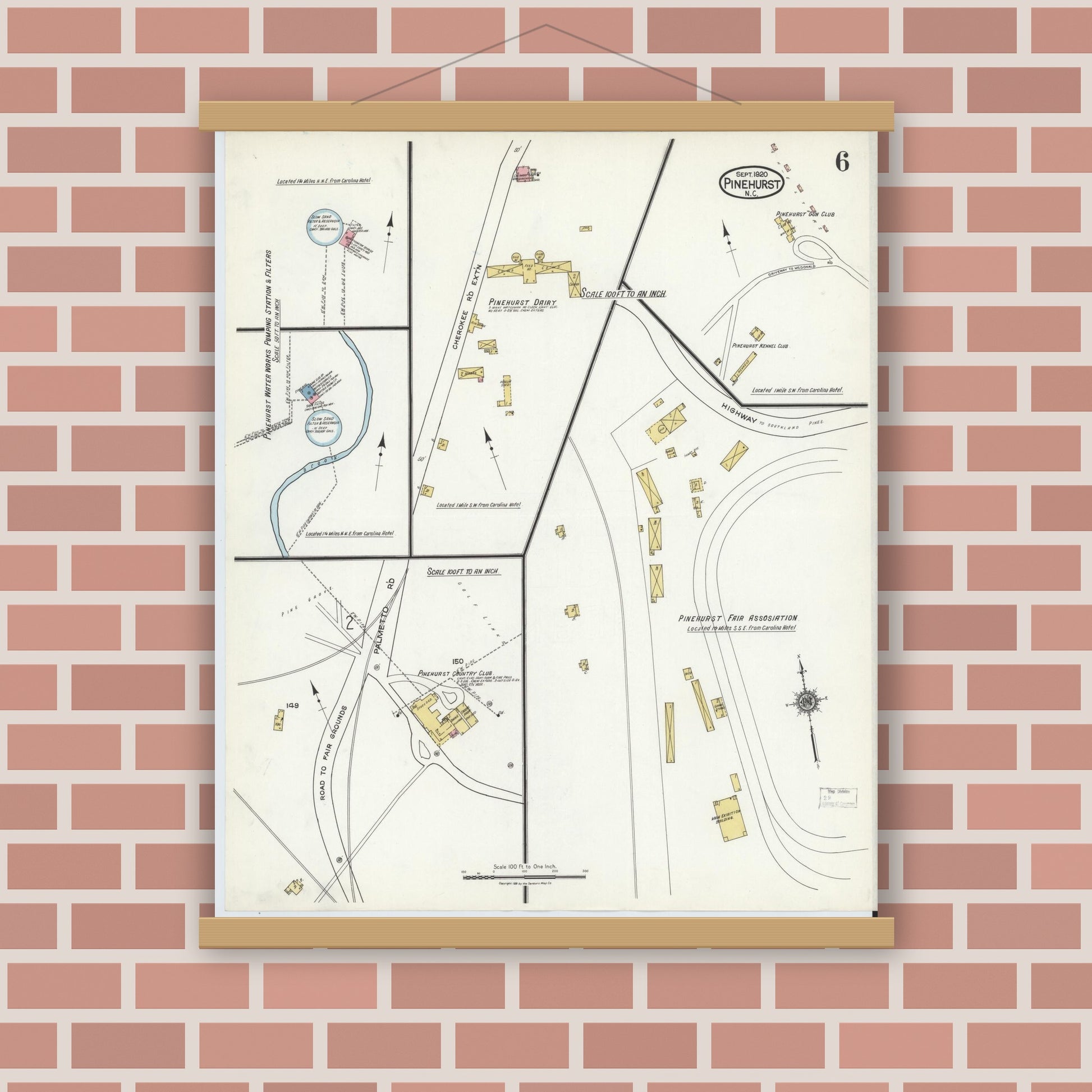 Old map wall art mockup — magnetic wood frame on brick wall — Sanborn Fire Insurance Map from Pinehurst, Moore County, North Carolina (1920), Sheet #0006
