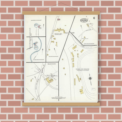 Old map wall art mockup — magnetic wood frame on brick wall — Sanborn Fire Insurance Map from Pinehurst, Moore County, North Carolina (1920), Sheet #0006