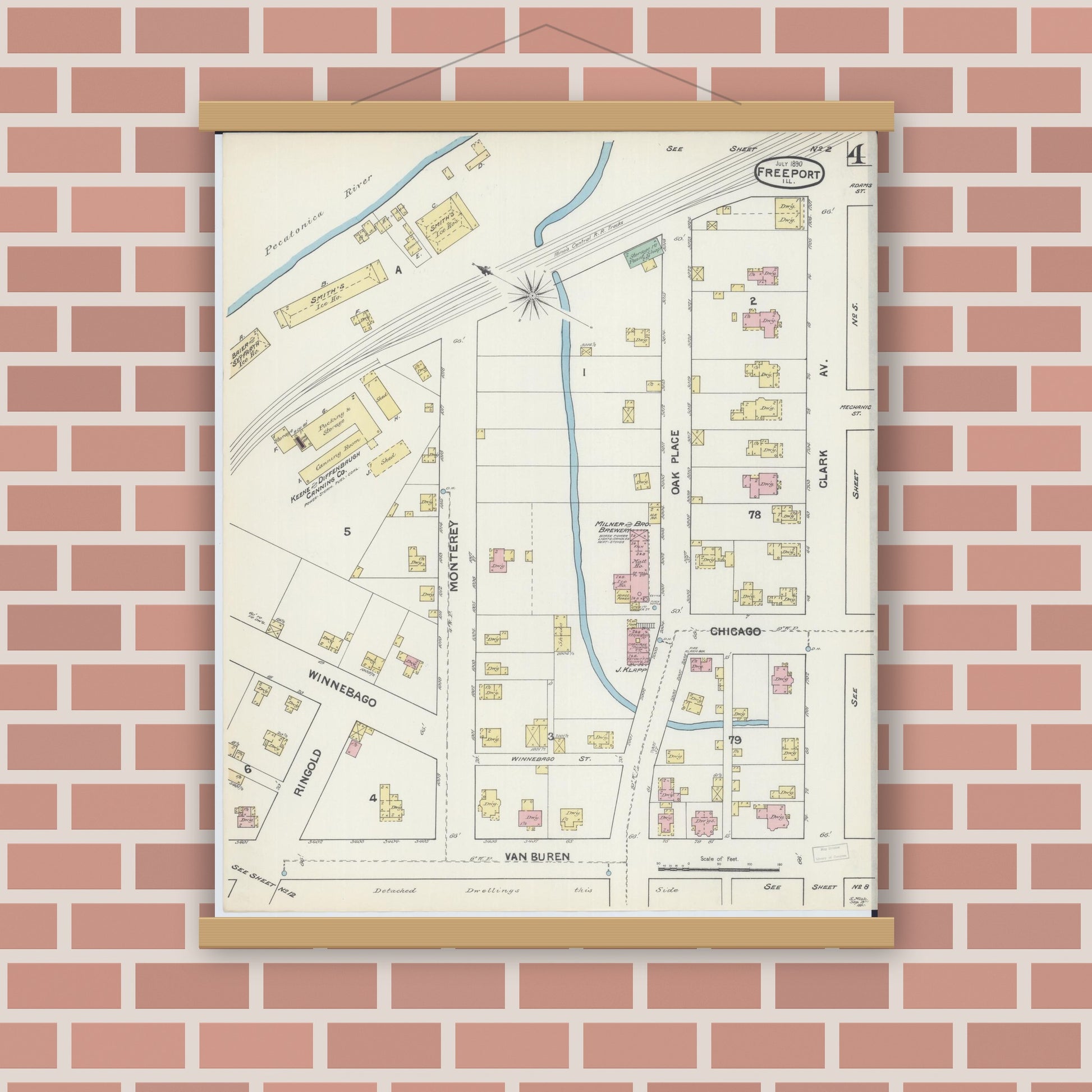 Old map wall art mockup — magnetic wood frame on brick wall — Sanborn Fire Insurance Map from Freeport, Stephenson County, Illinois (1890), Sheet #0004
