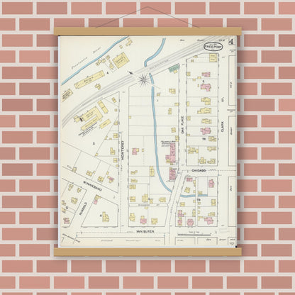 Old map wall art mockup — magnetic wood frame on brick wall — Sanborn Fire Insurance Map from Freeport, Stephenson County, Illinois (1890), Sheet #0004