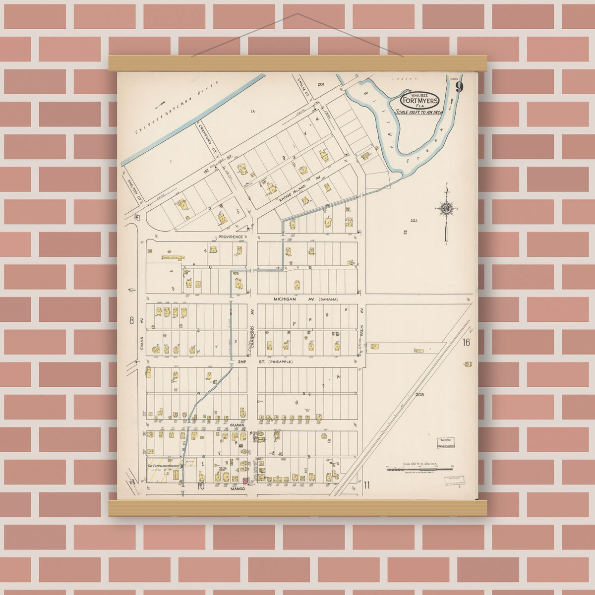 Old map wall art mockup — magnetic wood frame on brick wall — Sanborn Fire Insurance Map from Fort Myers, Lee County, Florida (1922), Sheet #0009