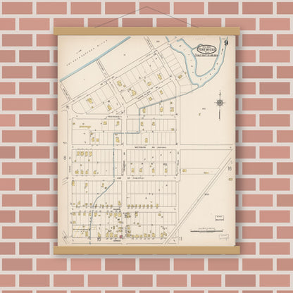 Old map wall art mockup — magnetic wood frame on brick wall — Sanborn Fire Insurance Map from Fort Myers, Lee County, Florida (1922), Sheet #0009