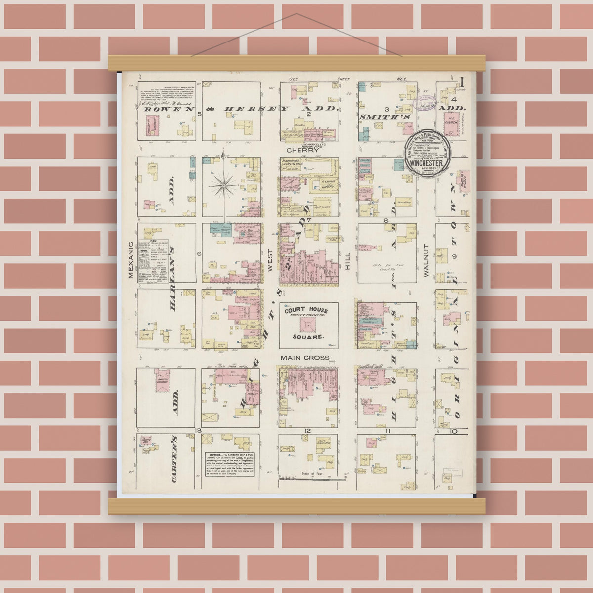 Old map wall art mockup — magnetic wood frame on brick wall — Sanborn Fire Insurance Map from Winchester, Scott County, Illinois (1885) - Complete Map Set